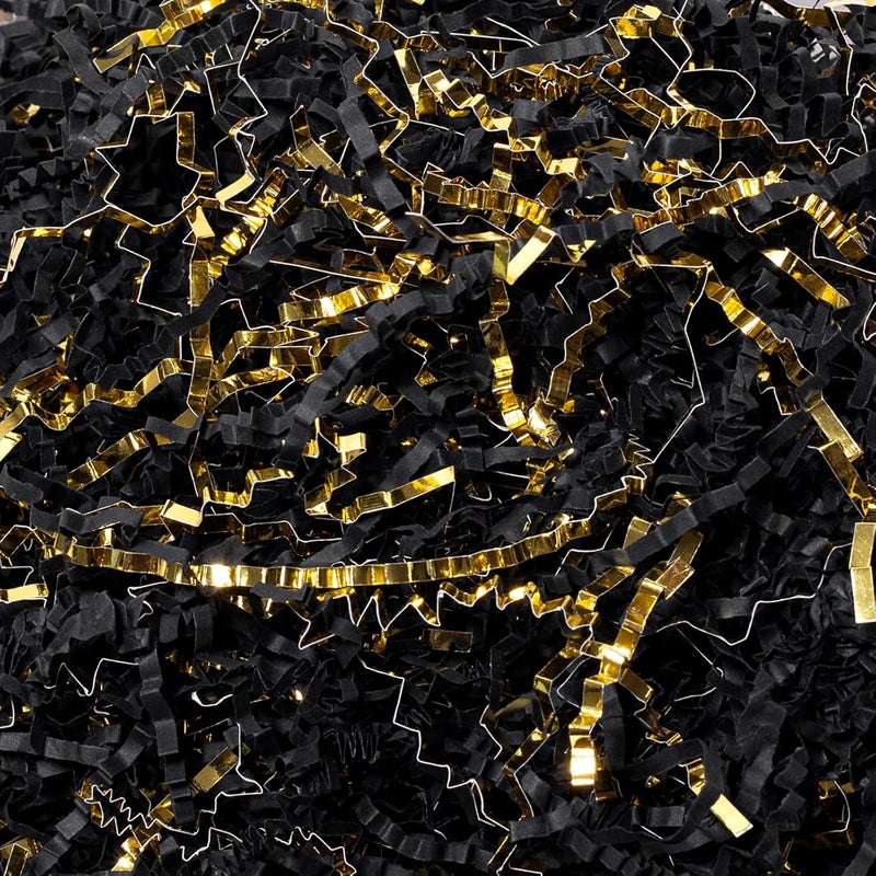 Mefleet 2 LB Crinkle Cut Paper Shred Filler Black & Gold Crinkle Shredded Paper for Gift Box - Gift Basket Bag Filler - Grass Cushion Stuffing for Christmas Holiday Packaging Wrapping - Image 1